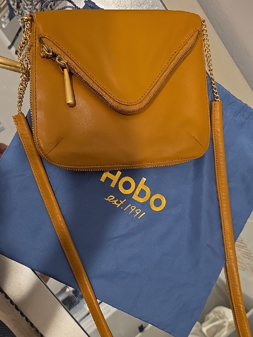 NEW! HOBO Camel Colored Leather Crossbody with Gold Chain Accents